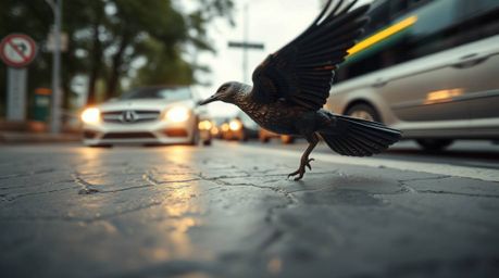 This captivating image showcases a fast-running bird zooming past traffic, captured from a low-angle perspective. The cast br