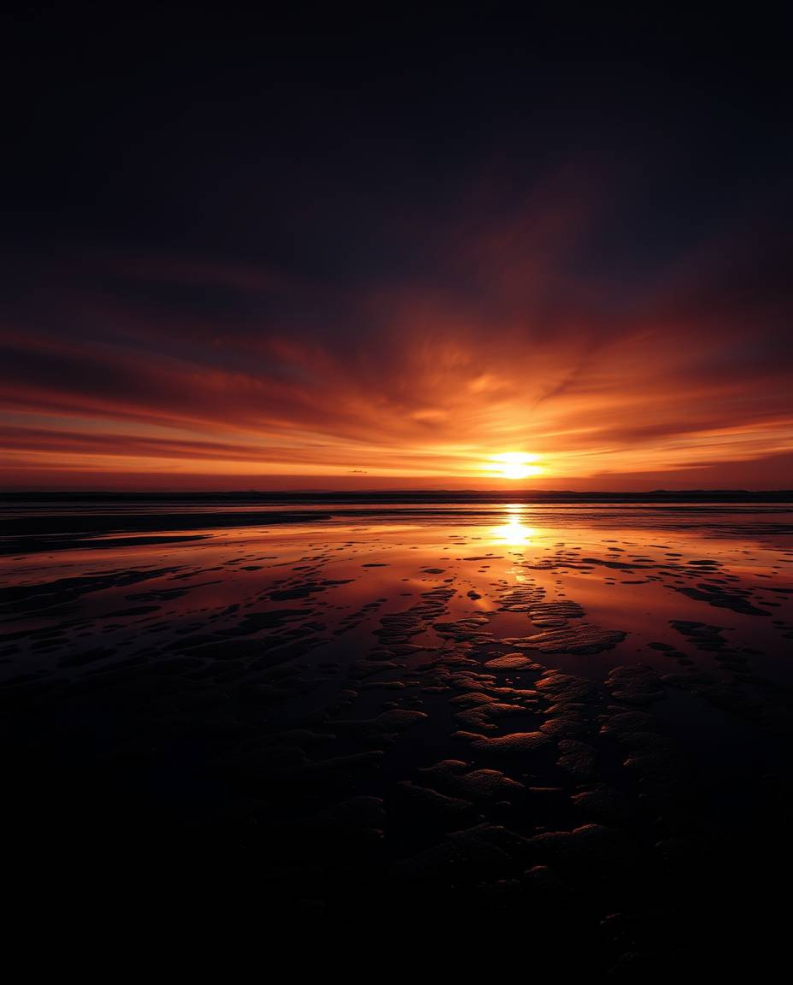 Creative light art depicts a sunset sky mirrored in tidal pools on a beach, utilizing intense jet black to create areas of pu