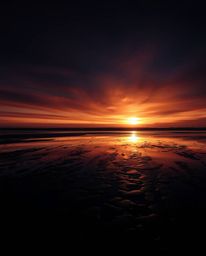 Creative light art depicts a sunset sky mirrored in tidal pools on a beach, utilizing intense jet black to create areas of pu
