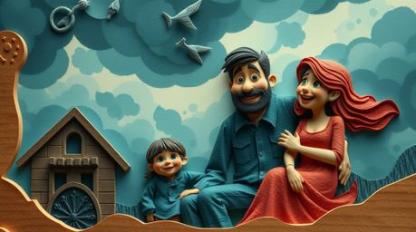 Explore a touching family reunion scene rendered in layered papier-mâché, capturing the essence of Pixar's heartwarming style