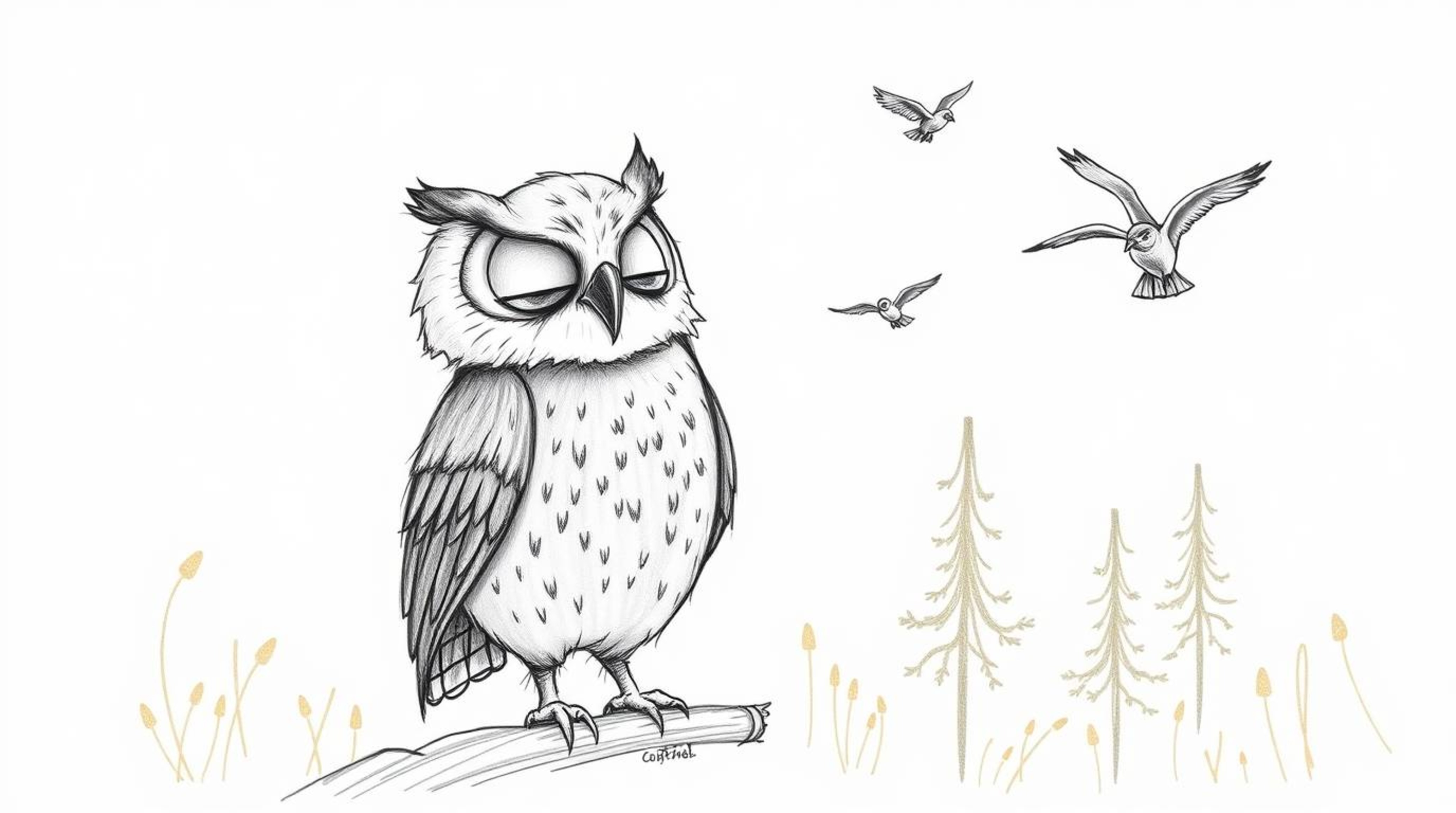 A heartwarming illustration in the style of Pixar animation depicts a kind, blind owl patiently teaching birds to fly in a ma