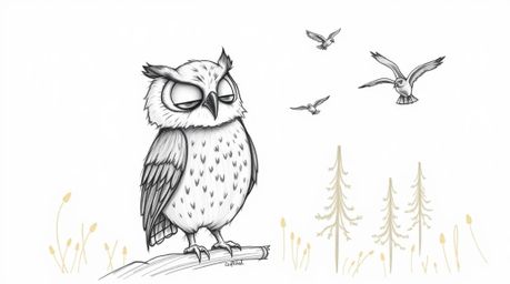 A heartwarming illustration in the style of Pixar animation depicts a kind, blind owl patiently teaching birds to fly in a ma