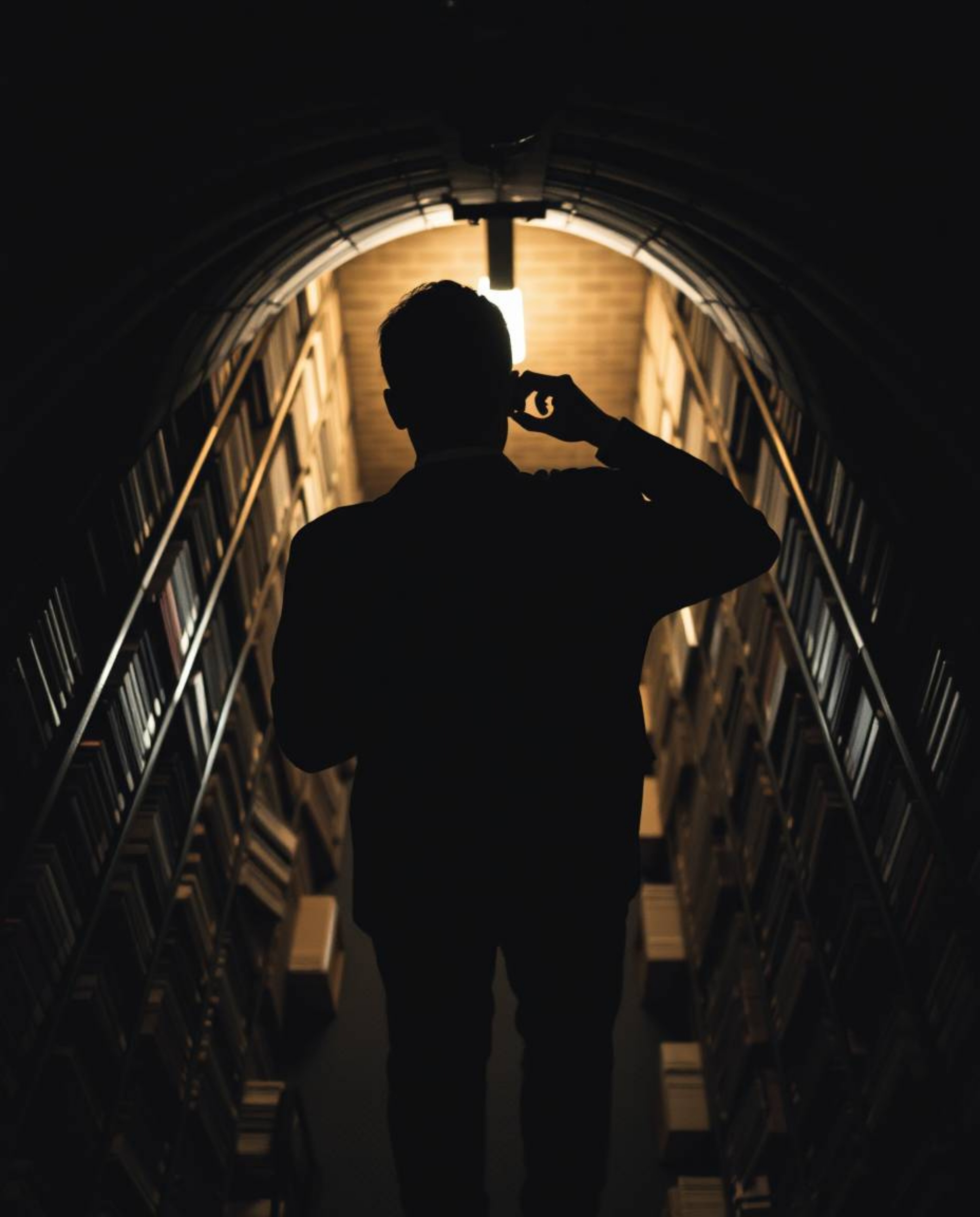 Explore the mystique of a hidden underground library through these captivating visuals. A silhouetted figure, bathed in backl