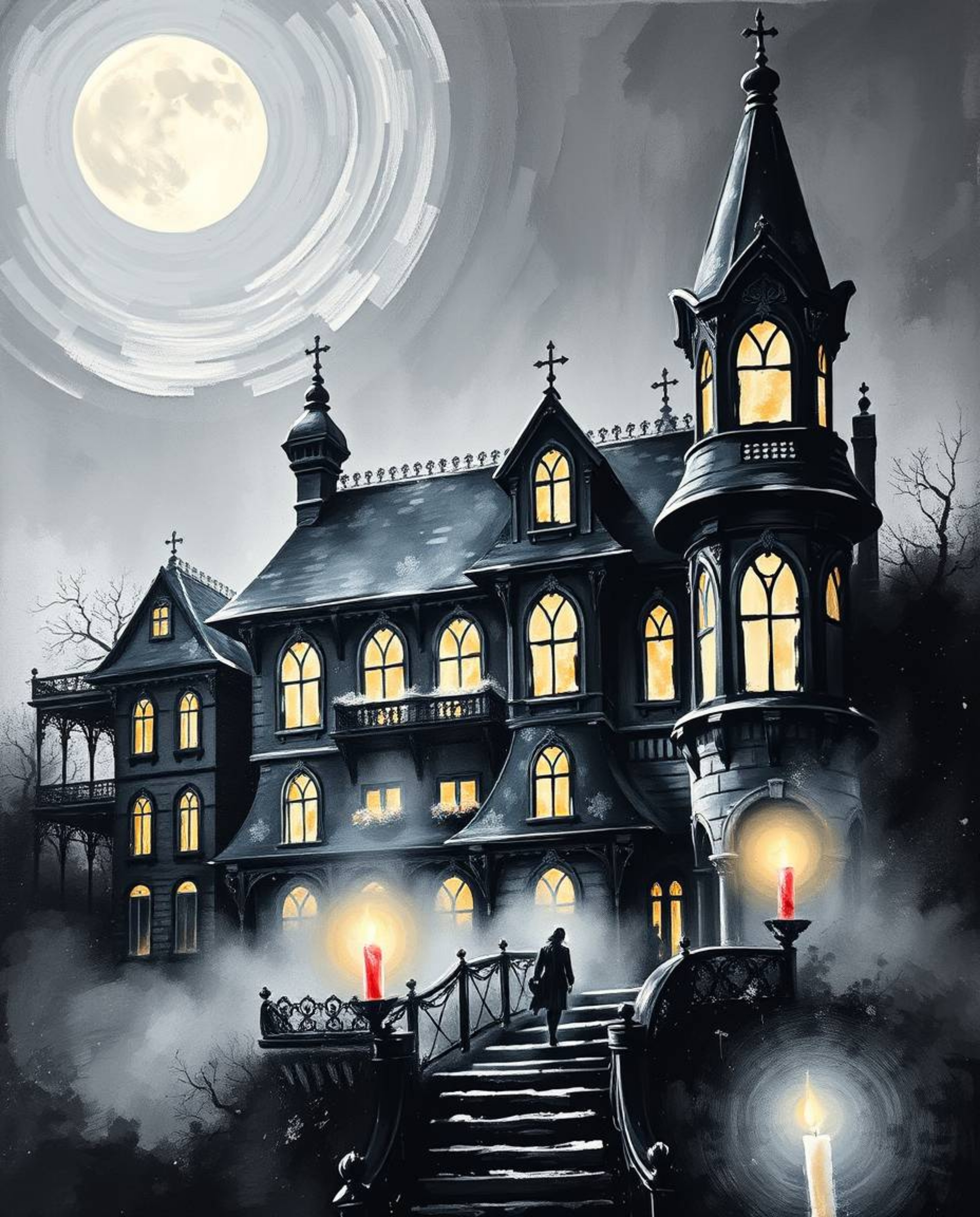 This black and white acrylic painting captures a fog-covered Victorian mansion bathed in the soft glow of moonlight. Textured