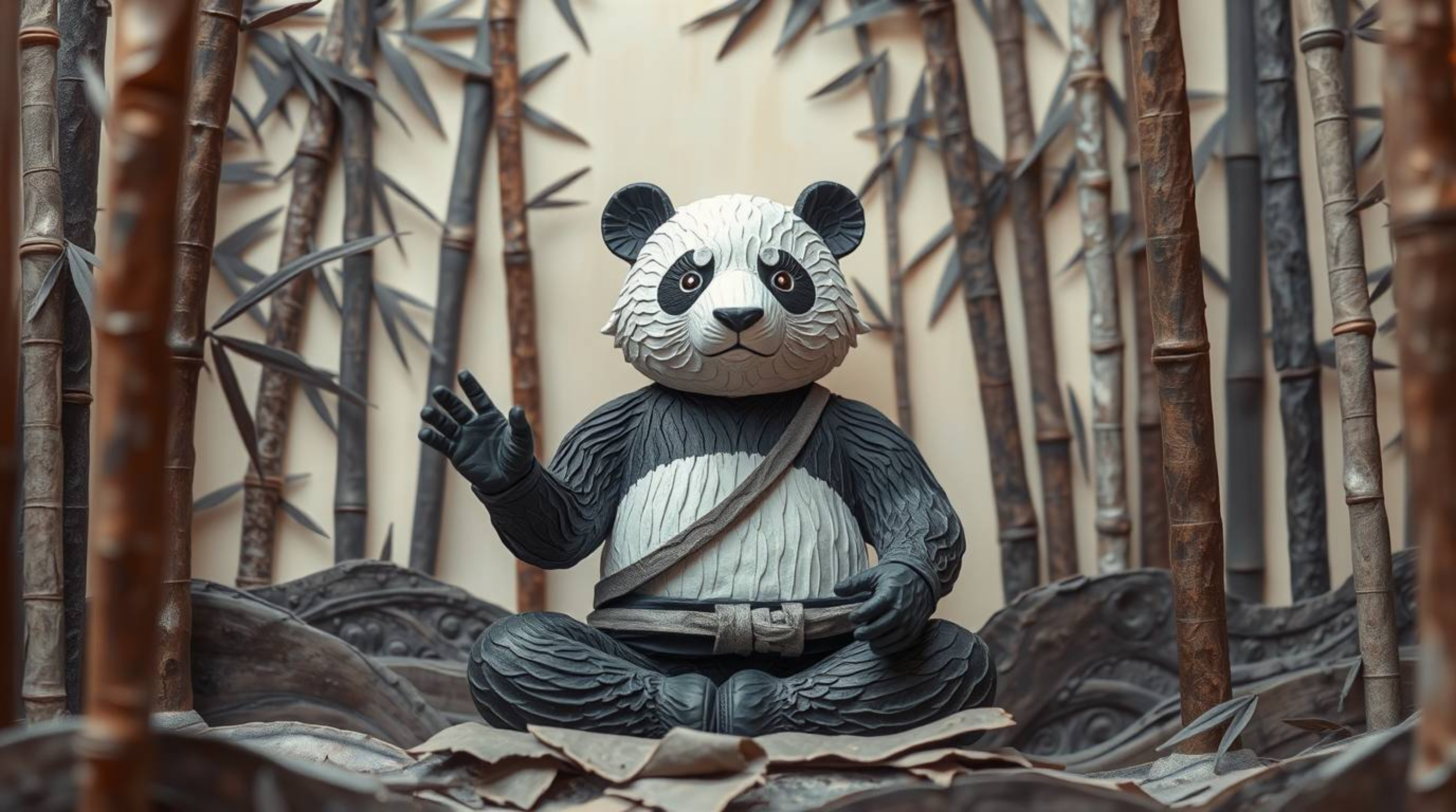 Experience the serenity of a mystic, ethereal martial artist panda meditating in a dreamlike bamboo forest. This sculpted pap