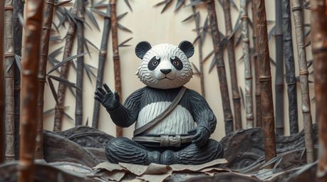 Experience the serenity of a mystic, ethereal martial artist panda meditating in a dreamlike bamboo forest. This sculpted pap
