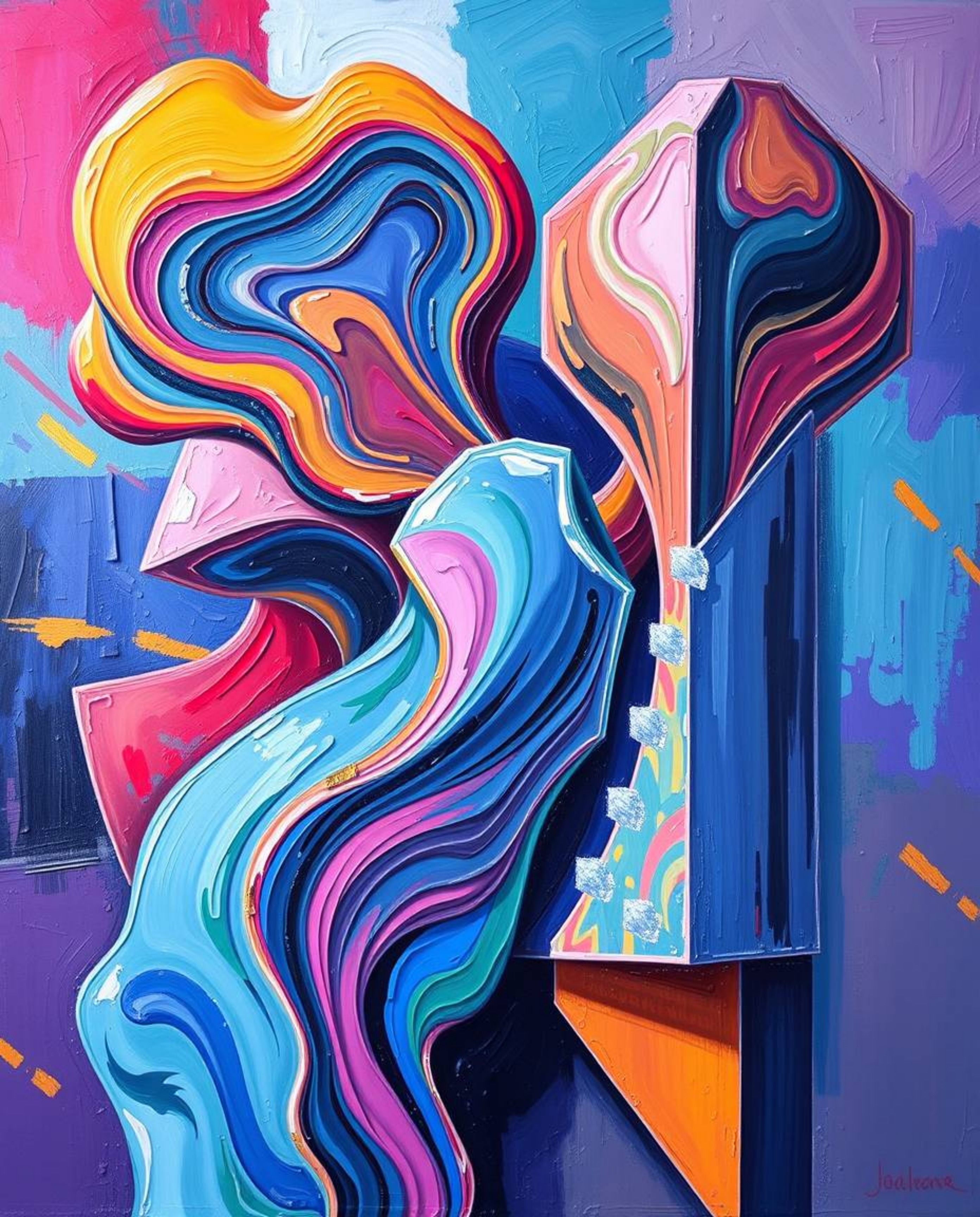 This bold acrylic painting features a captivating abstract composition where colorful 3D fluid shapes interact dynamically wi