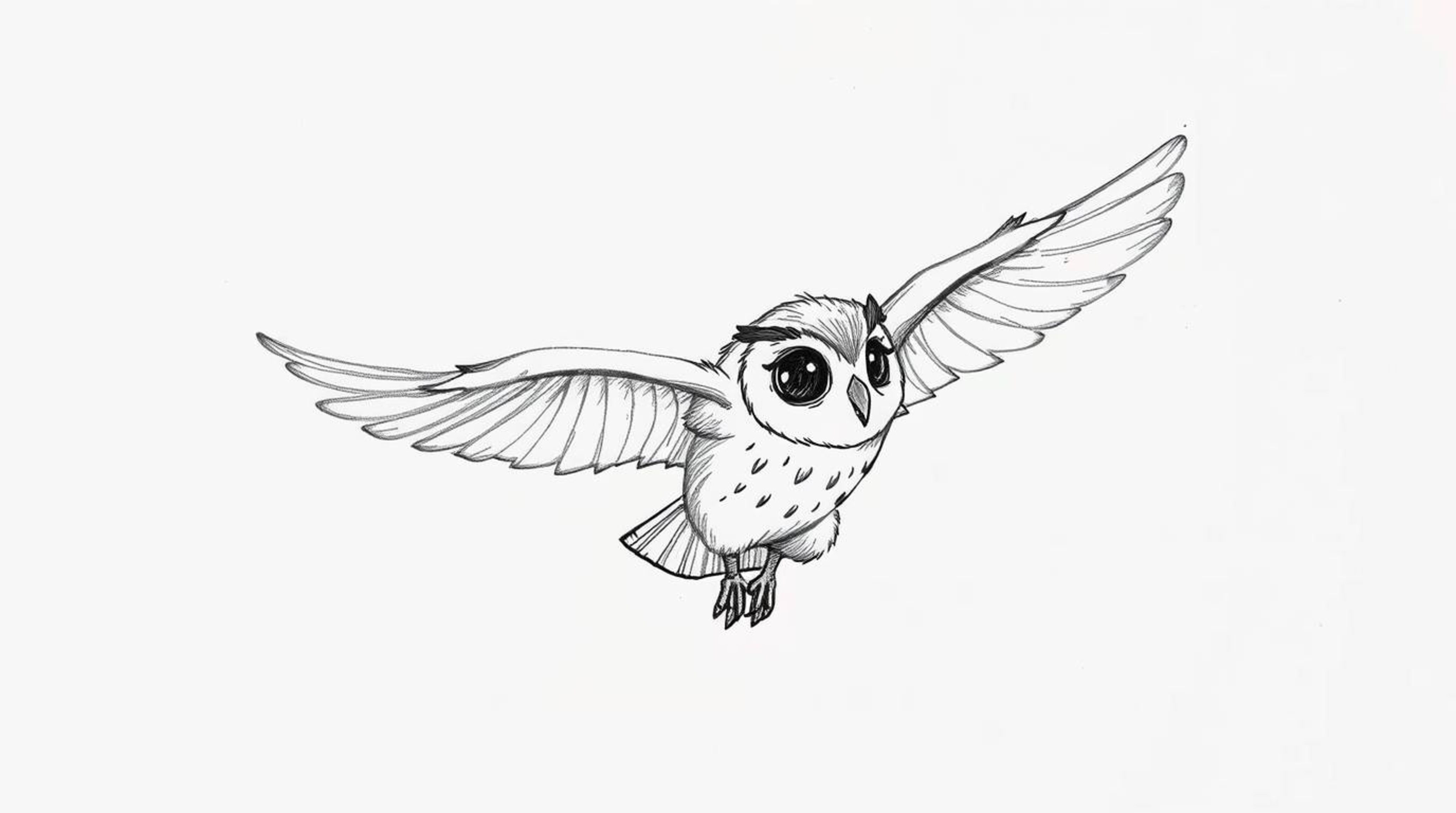 A hand-drawn sketch in the style of Pixar portrays a blind owl with textured pencil strokes, imparting the skill of flight to