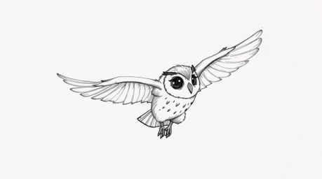 A hand-drawn sketch in the style of Pixar portrays a blind owl with textured pencil strokes, imparting the skill of flight to