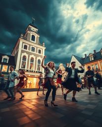 Experience a captivating musical number set in a vibrant town square, brought to life with dynamic motion and the drama of in