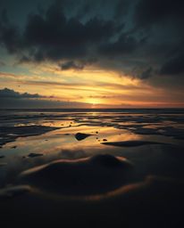 An unusual and original fine art photograph, in the style of Associated Press and editorial photography, depicts a sunset sky