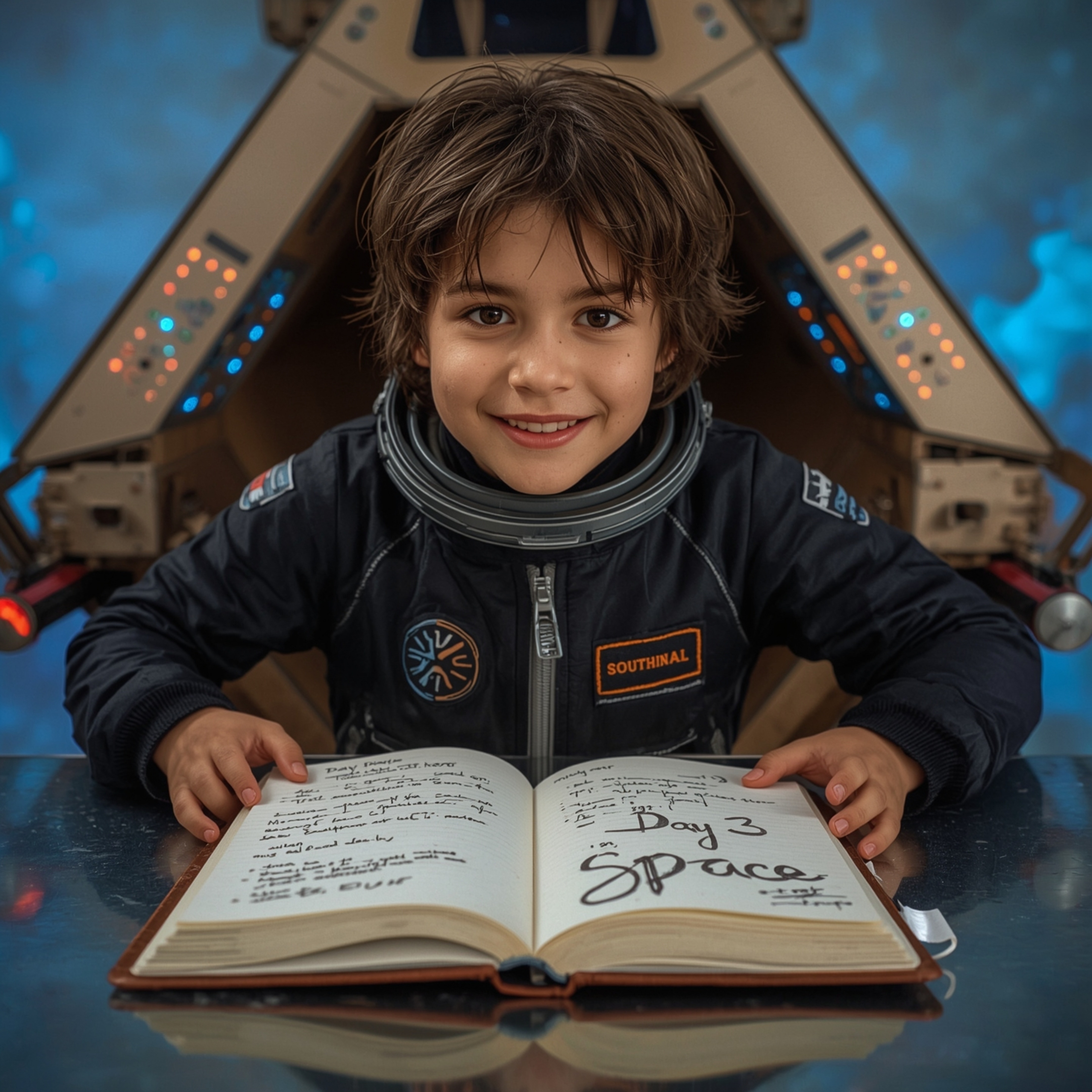 A captivating Pixar-style photograph depicts a boy with a curious gaze, wearing a sleek spacesuit, triumphantly posing in fro