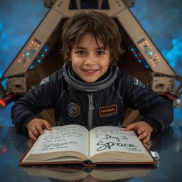A captivating Pixar-style photograph depicts a boy with a curious gaze, wearing a sleek spacesuit, triumphantly posing in fro