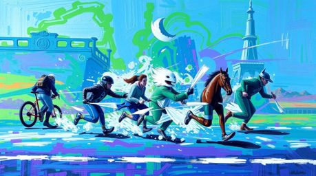 This bold acrylic painting captures a dynamic chase scene rendered with exaggerated squash and stretch techniques. The artwor