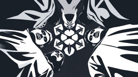 This captivating logo showcases a team of misfit heroes viewed from a dramatic low angle.  Its clean geometric style, balance