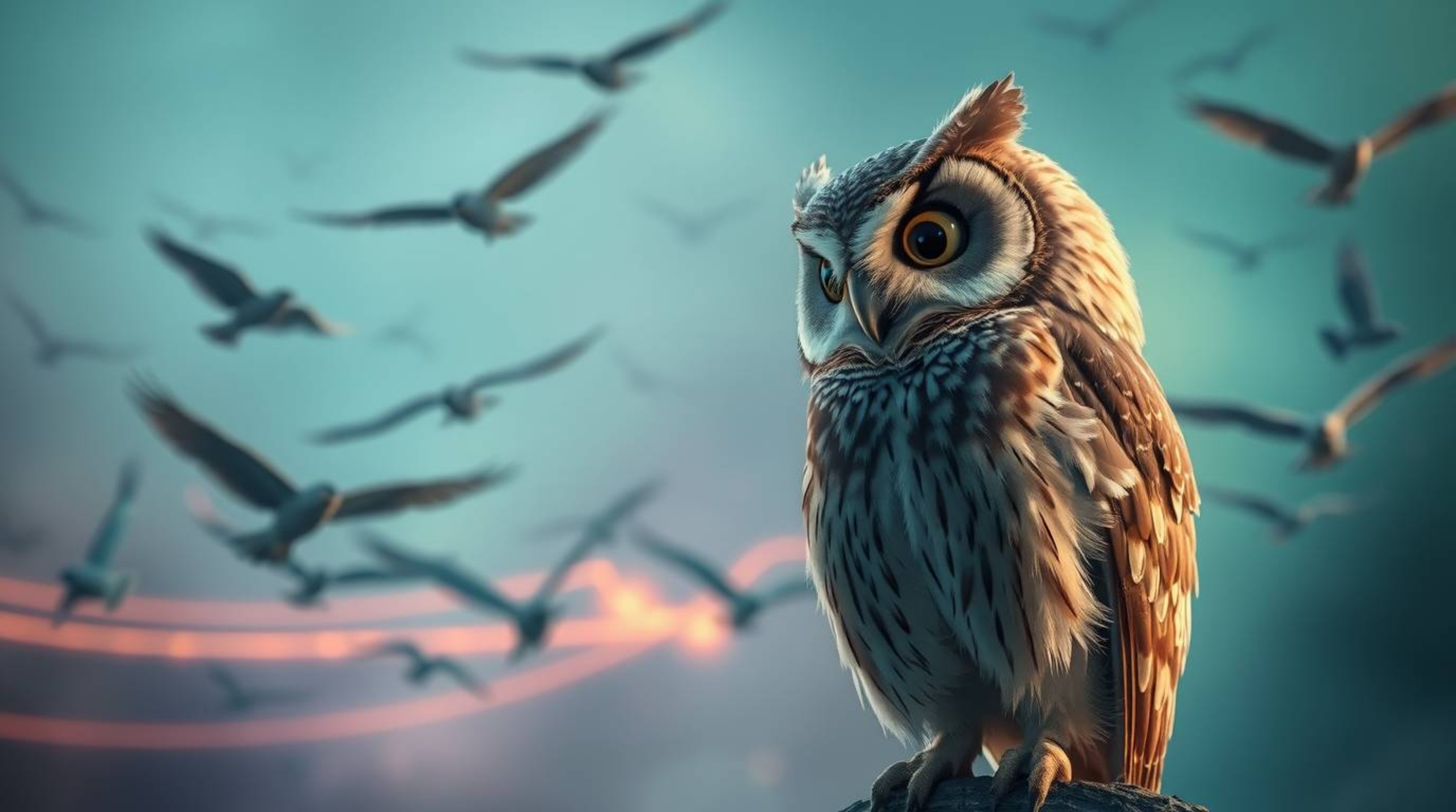 A long-exposure photograph in a Pixar style showcases a blind owl with a calm expression and muted brown feathers, overseeing