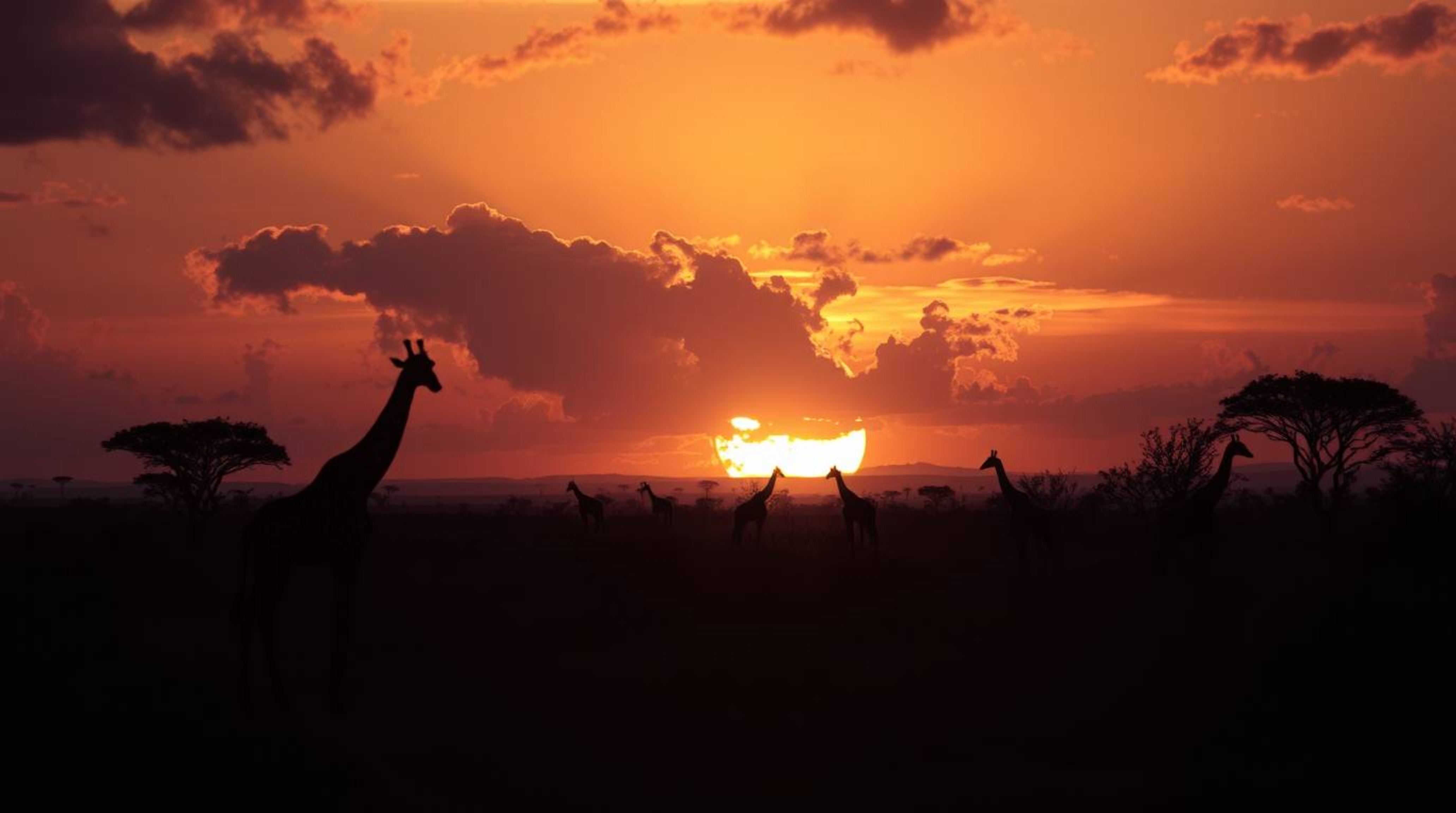 Experience a dreamlike and surreal sunset savanna scene, where silhouetted giraffes graze against a backdrop of intense drama