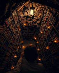 Discover a captivating scene from a high-angle perspective, where a person uncovers a hidden underground library bathed in th