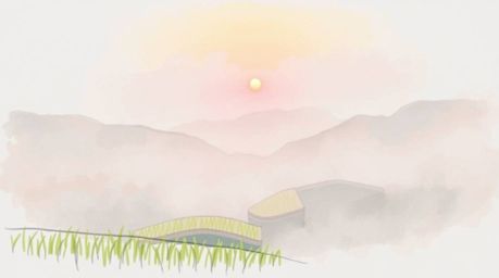 Explore a vibrant hand-drawn sketchnote-style artwork capturing a hazy sunset over tranquil rice terraces nestled in the moun