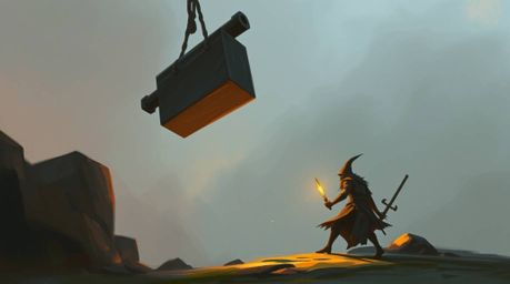 A digital sketch featuring an anvil about to drop on a trickster character is rendered in loose, painterly strokes. The scene