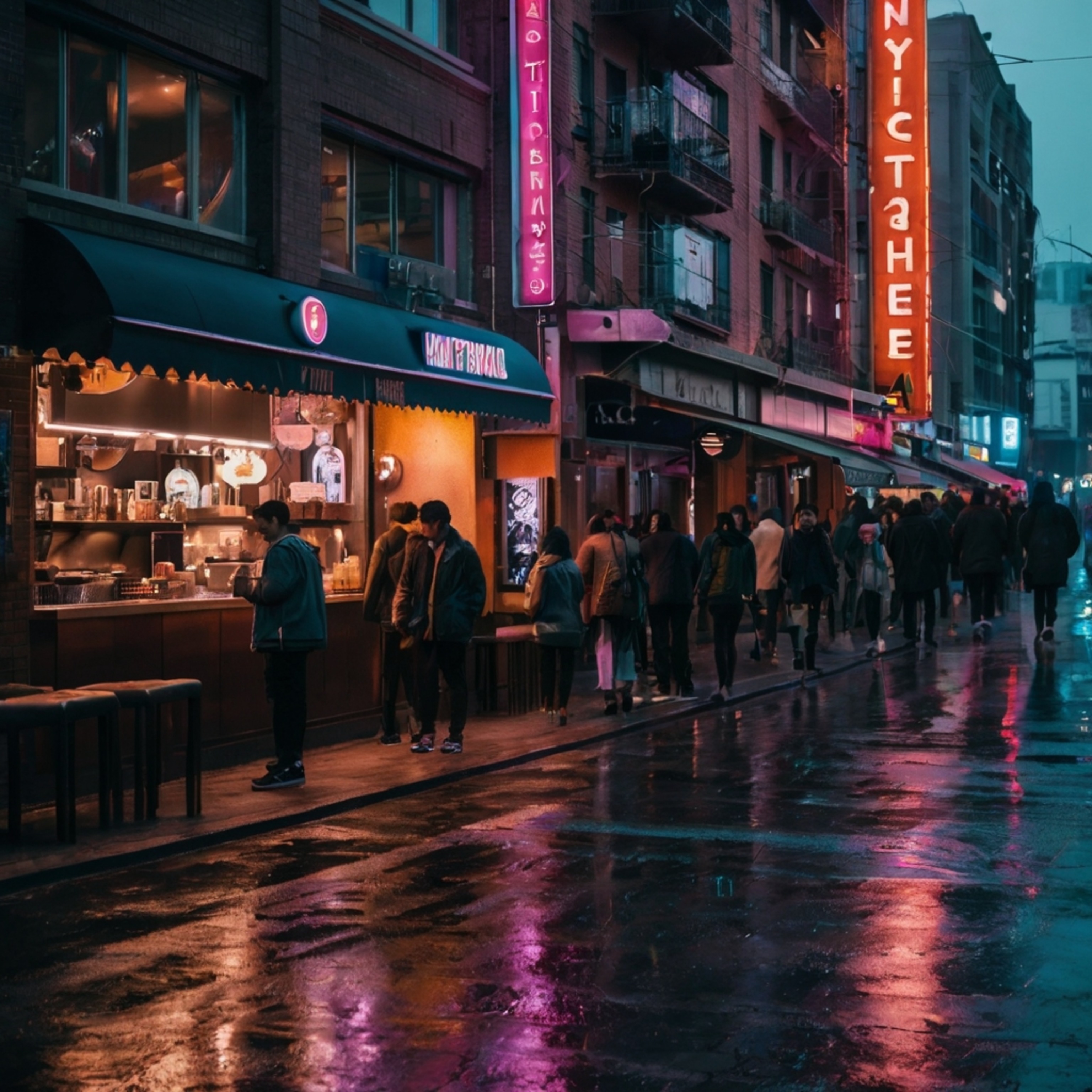 This vibrant city district pulsates with energy, boasting dazzling neon-lit streets that guide you through a landscape of hig