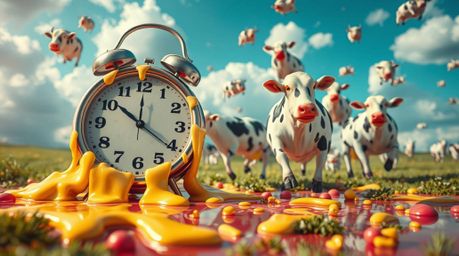 Explore a captivating surreal dreamscape featuring iconic melting clocks and whimsical floating cows. This close-up shot boas