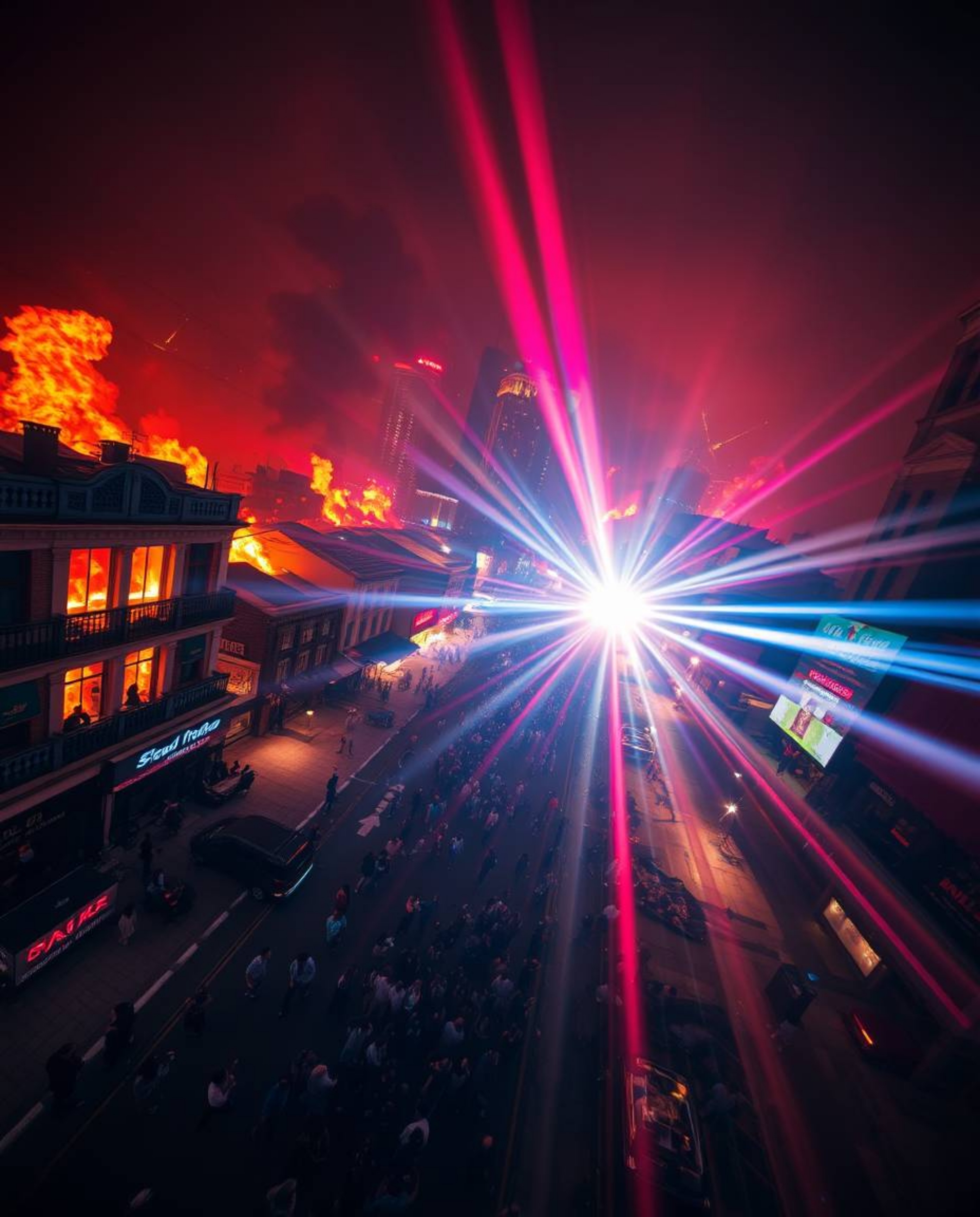 This image captures a chaotic scene of a city consumed by flames. A high-angle perspective shows people desperately running i