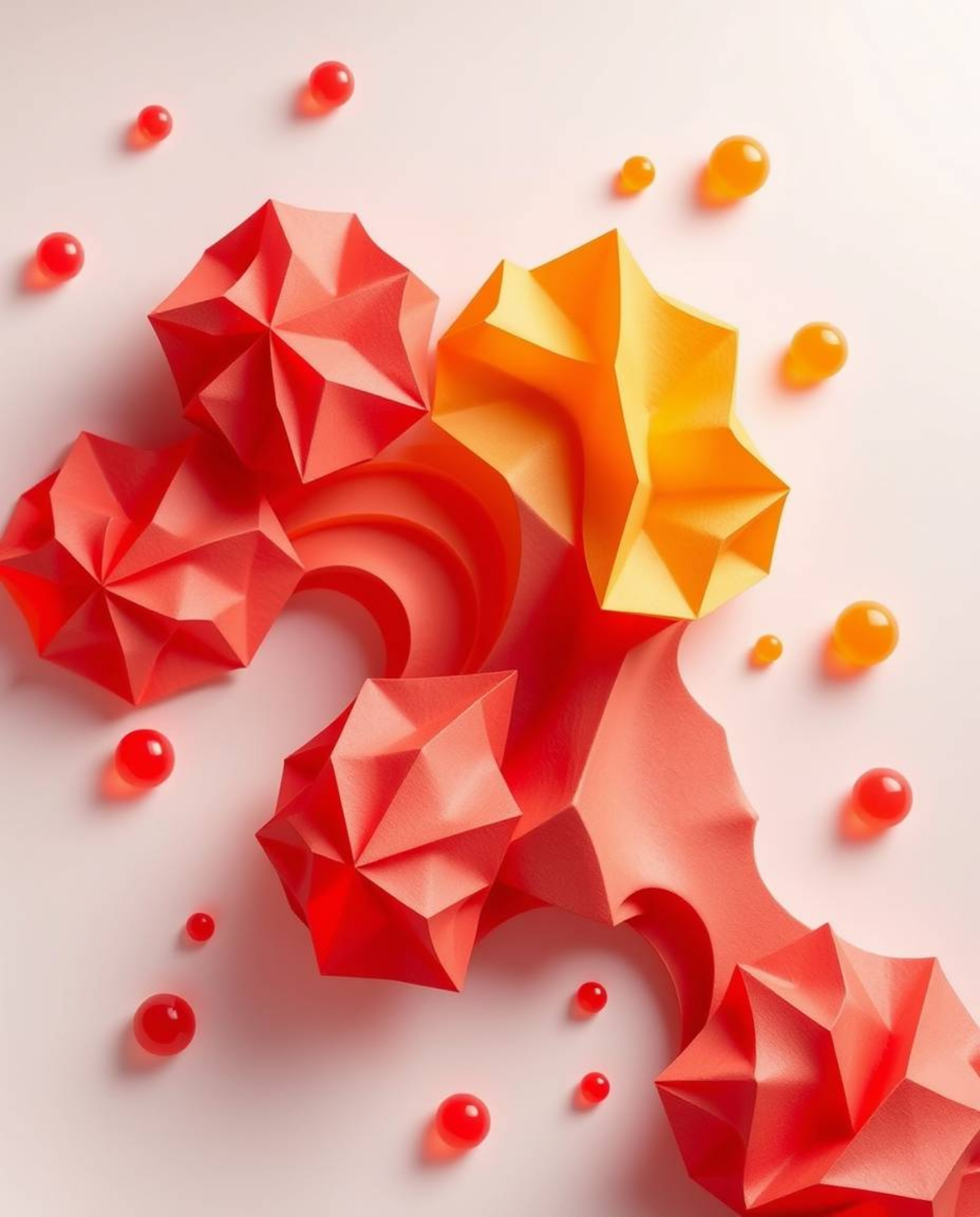 A captivating illustration featuring intricate origami-style folds and floating 3D blobs of vibrant fluid jelly.  The artwork