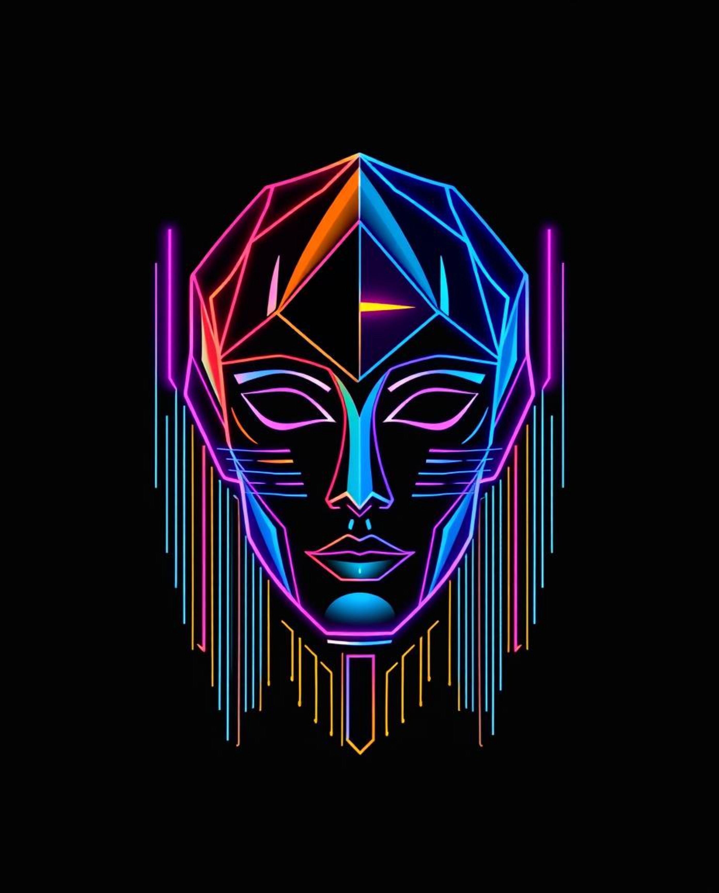 This striking geometric logo design features clean lines and vibrant electric colors, depicting a human face seamlessly morph