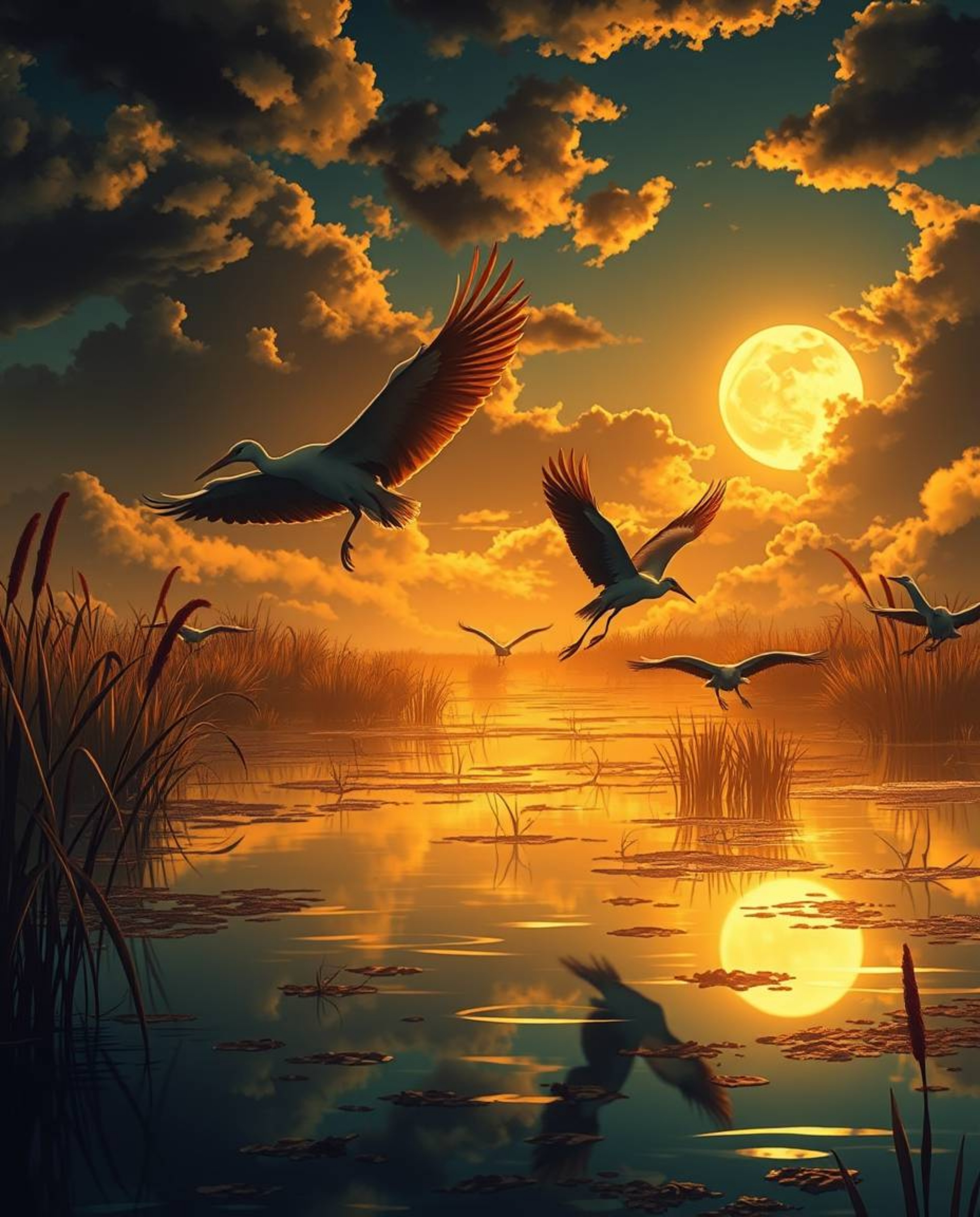 An Isekai anime style depiction of the golden hour in the wetlands, featuring herons in flight. This artwork is characterized
