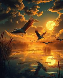 An Isekai anime style depiction of the golden hour in the wetlands, featuring herons in flight. This artwork is characterized
