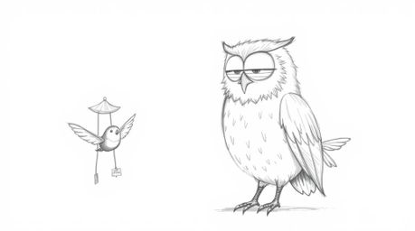 A heartwarming hand-drawn Pixar-style sketch portrays a blind owl, rendered with soft, feathery textures, guiding small birds