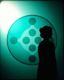 A luxurious and vibrant minimalist geometric pattern in the Bauhaus style features deep teal circles and lines.  Silhouetted 