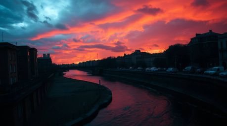 This captivating street photograph captures an eerie, creepy atmosphere. A winding river glows under a dramatic orange-pink s