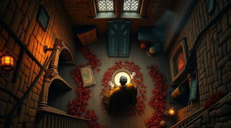 An overhead shot captures a classic Disney villain casting a spell within the walls of an ancient castle, bathed in warm autu