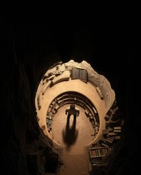 Discovering a hidden underground library is brought to life in a captivating bird's-eye view illuminated by strong, hard ligh