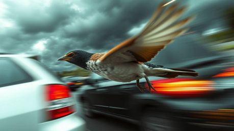 Witness a scene of dramatic intensity: a fast-running bird, sharply focused as it zooms past blurring traffic, against a back