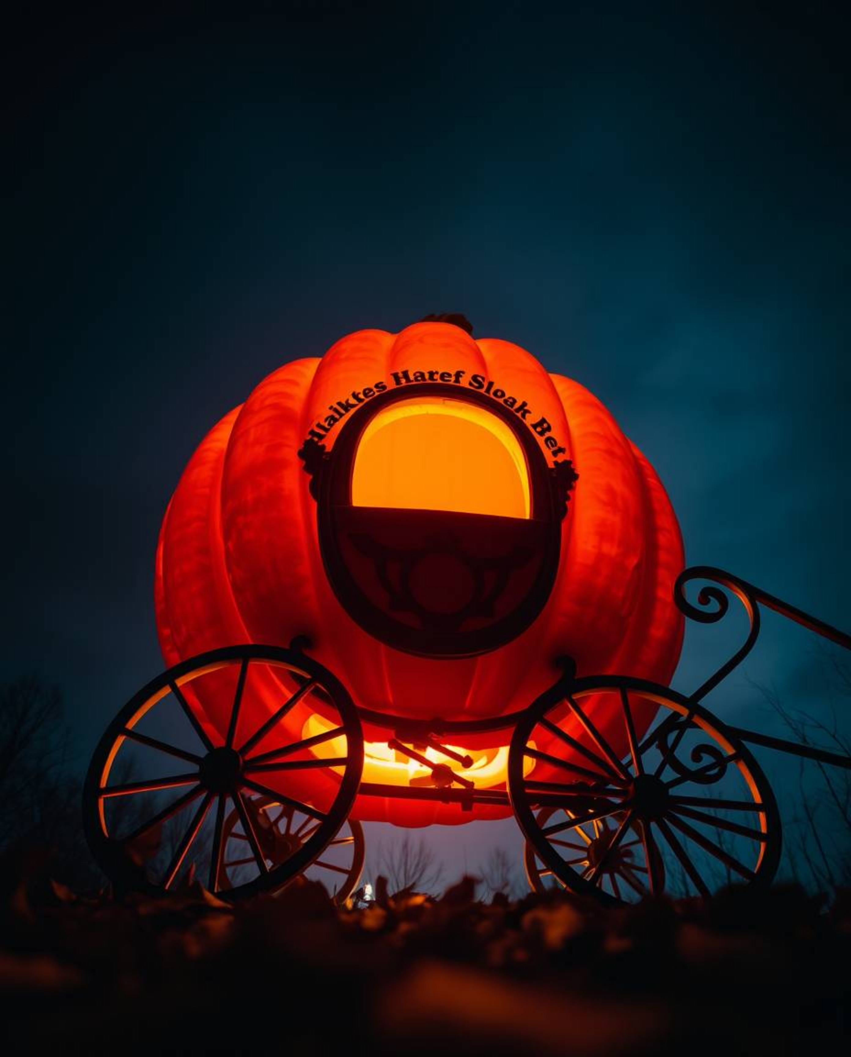 A captivating low-angle photograph depicts a magical pumpkin undergoing a breathtaking transformation into a carriage. This v