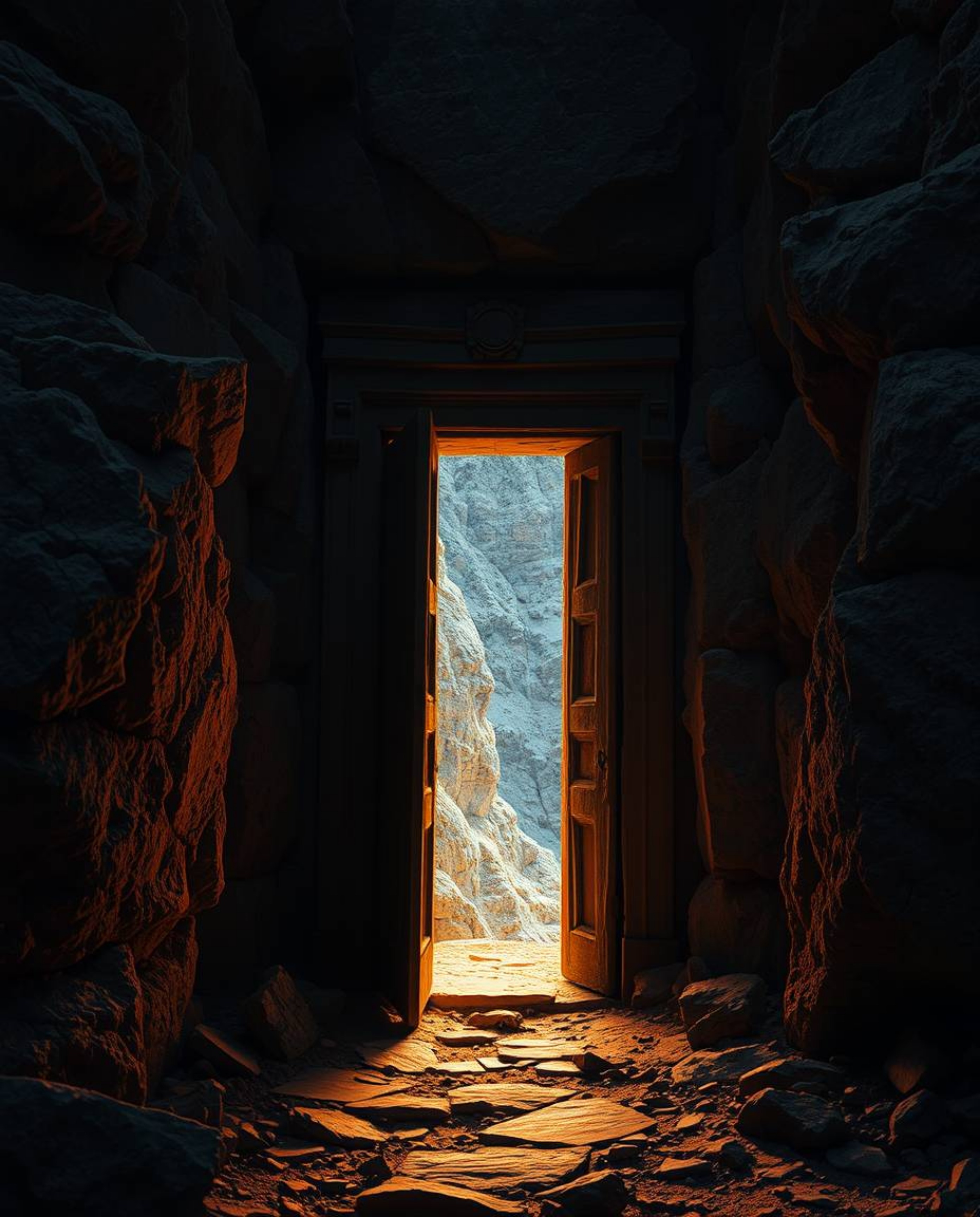 A dramatic close-up shot of an ancient doorway, etched with glowing runes, nestled within a mountainside. The image features 