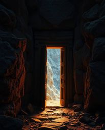 A dramatic close-up shot of an ancient doorway, etched with glowing runes, nestled within a mountainside. The image features 