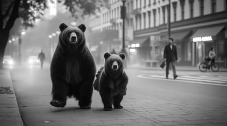 A captivating black and white photograph depicts a bear family's whimsical urban adventure.  The image evokes a timeless eleg