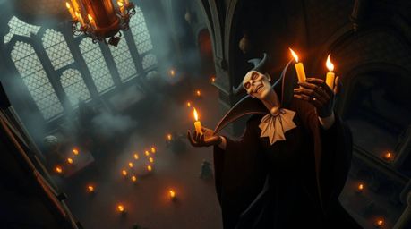 A classic Disney villain casts a captivating spell within the ancient walls of an old castle, illuminated by the warm glow of