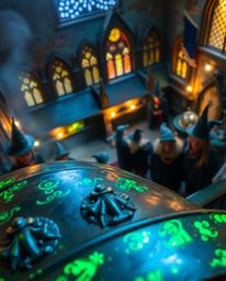 High-angle perspective reveals a magical school brimming with young wizards, bathed in glowing bioluminescent colors that cas