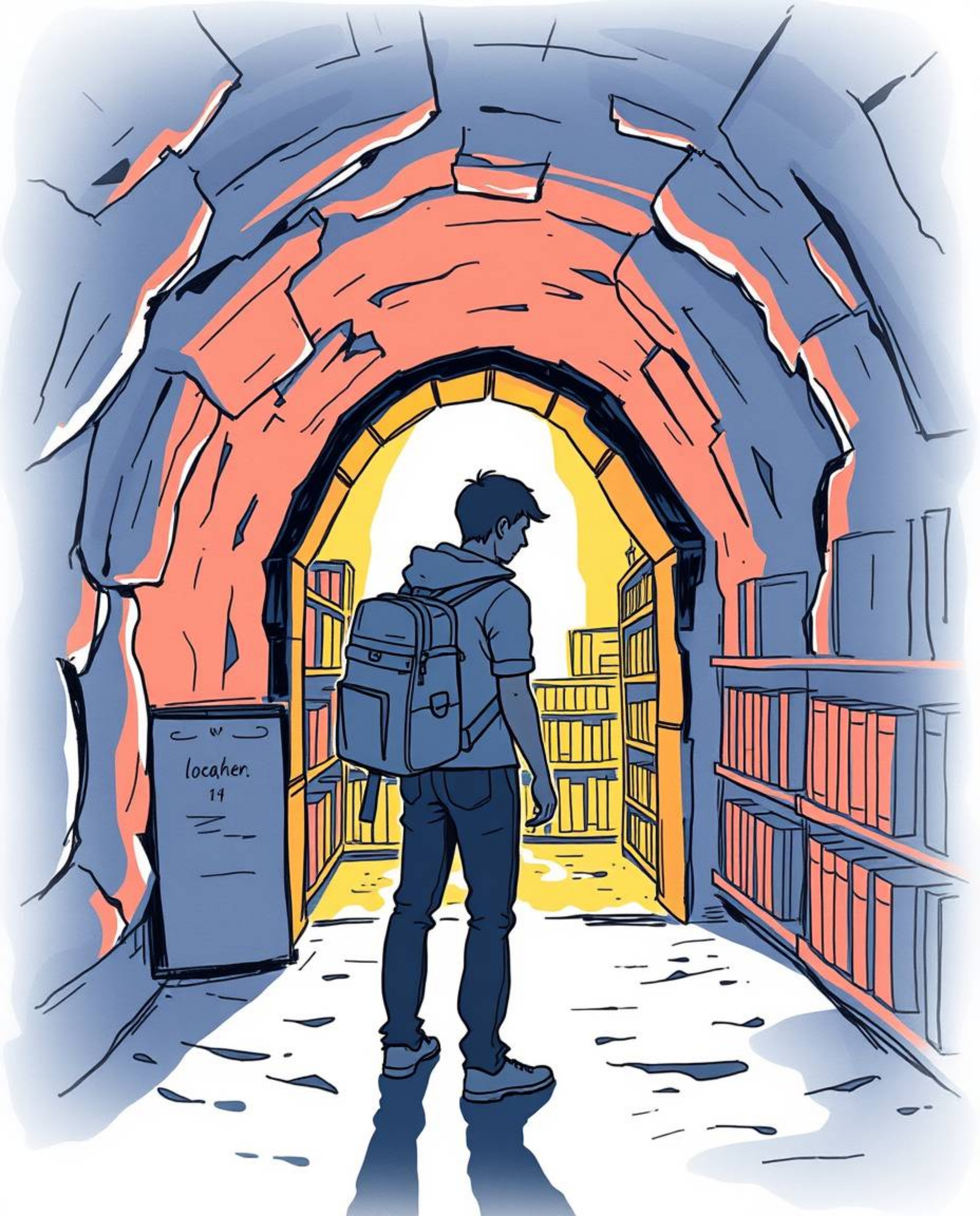 Discover a hidden underground library in this captivating color sketchnote style hand-drawn sketch.  A silhouetted figure, ba