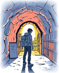 Discover a hidden underground library in this captivating color sketchnote style hand-drawn sketch.  A silhouetted figure, ba