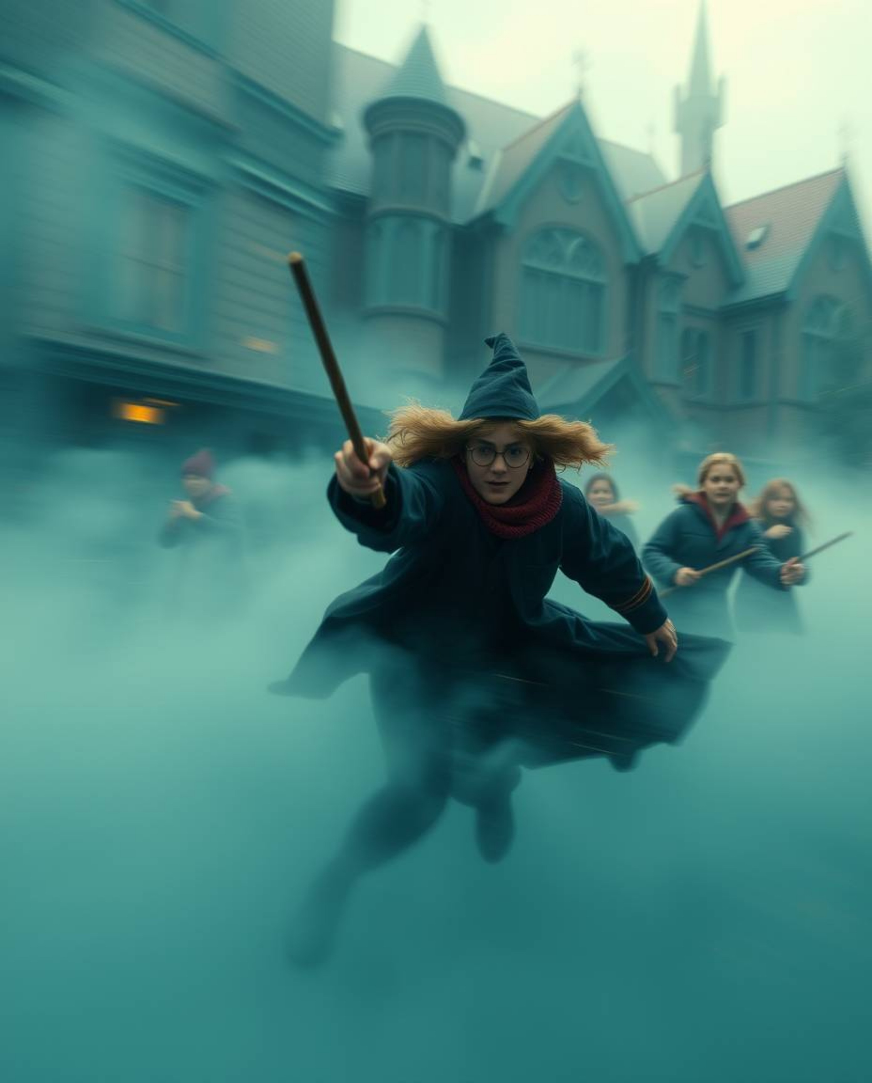 Experience a magical world filled with young wizards in dynamic motion, surrounded by thick fog and rich, deep teal colors. T
