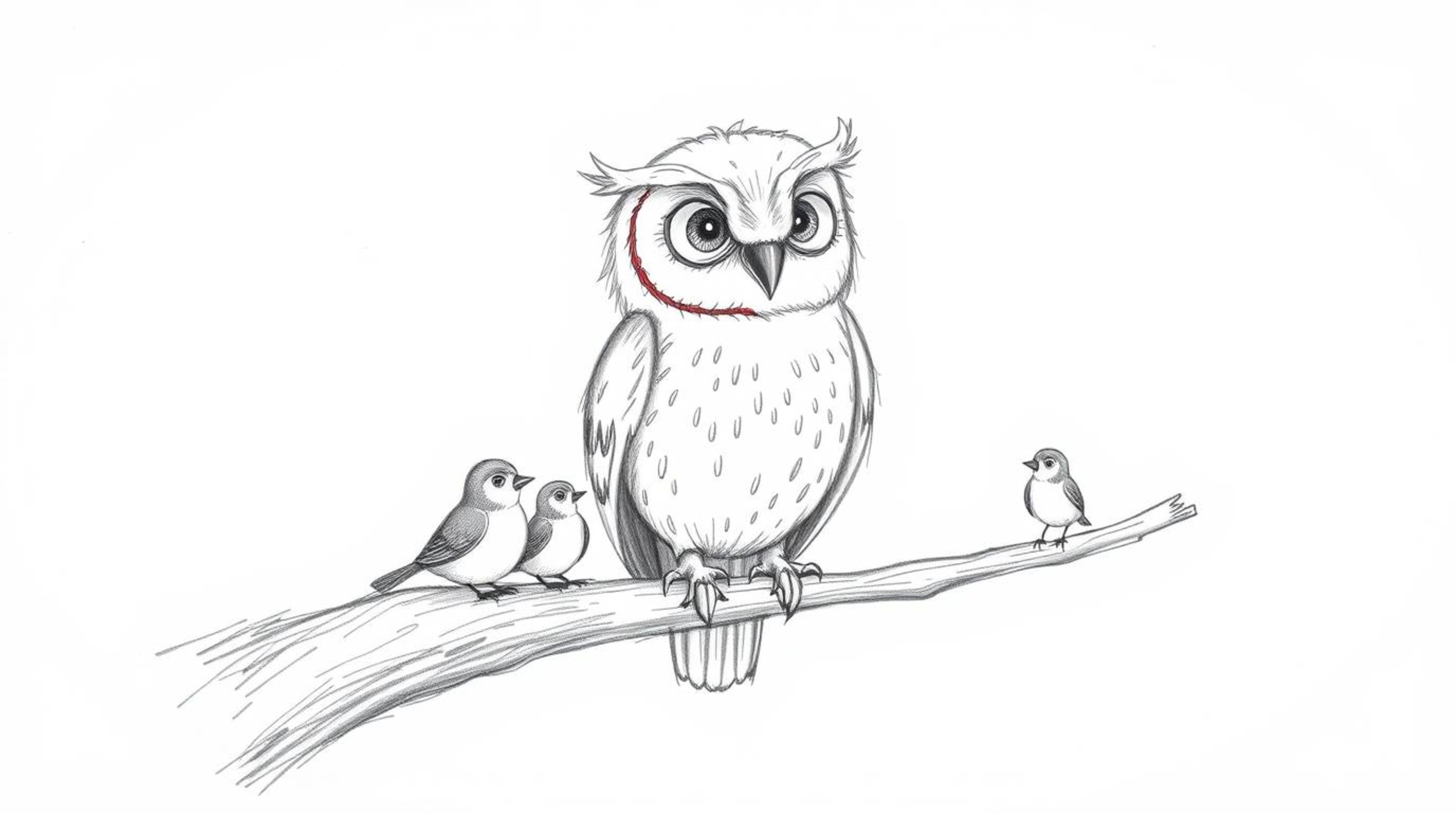 A heartwarming hand-drawn sketch reminiscent of Pixar, showcasing a blind owl with gentle features and emotive eyes. The owl,