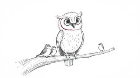 A heartwarming hand-drawn sketch reminiscent of Pixar, showcasing a blind owl with gentle features and emotive eyes. The owl,