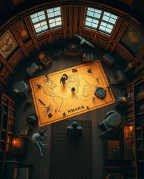 Discover a dreamlike, surreal image of a glowing map projected in the air within an old study.  This bird's-eye view showcase