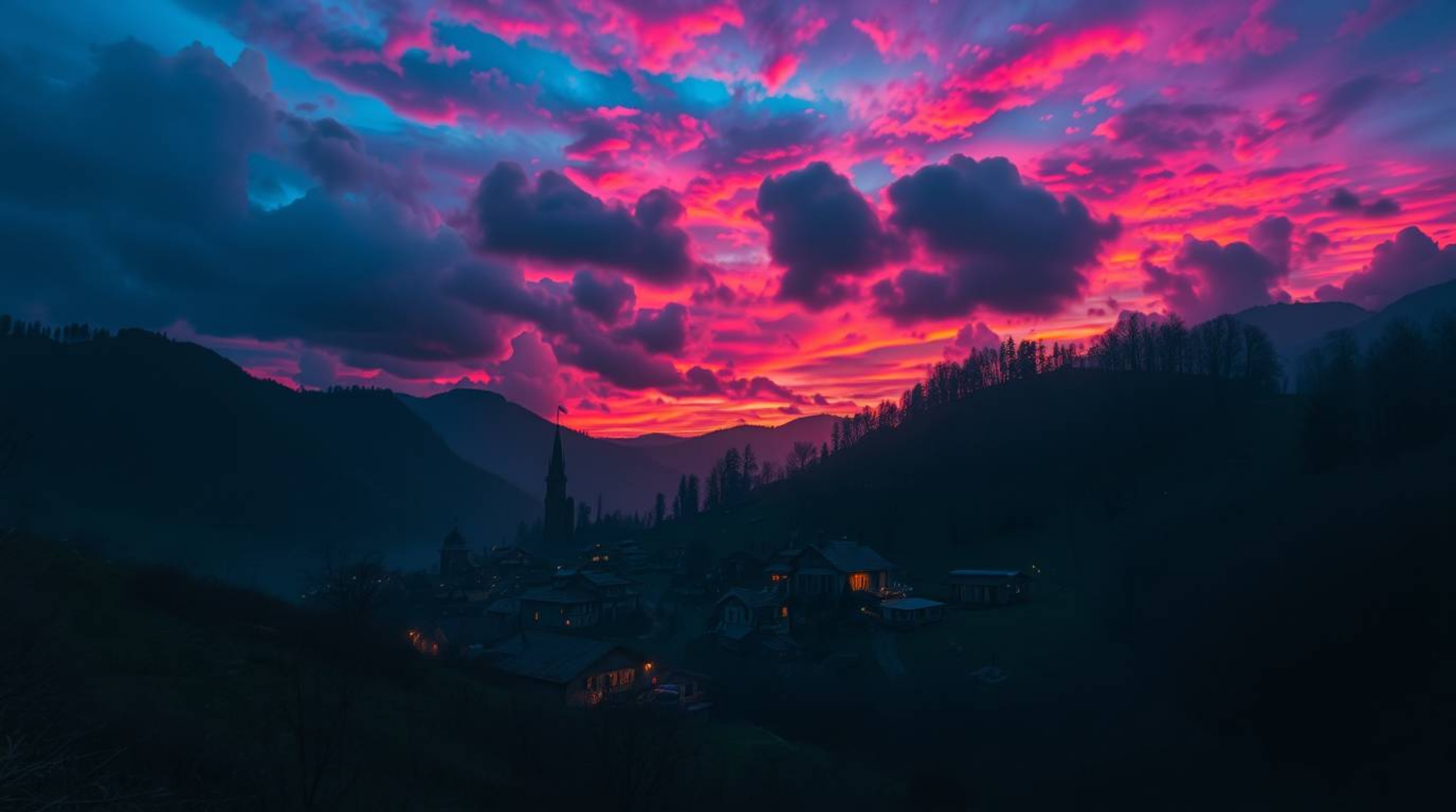 Experience an eerie and unsettling atmosphere in a cozy village nestled in a valley beneath a vibrant, colorful sky. The scen